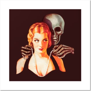 Skull Woman Retro Comic Horror Skeleton Bones Elegant Jewelry Pearls Diamonds Pin Up Girl Vintage Romantic Love Old Cartoon Posters and Art